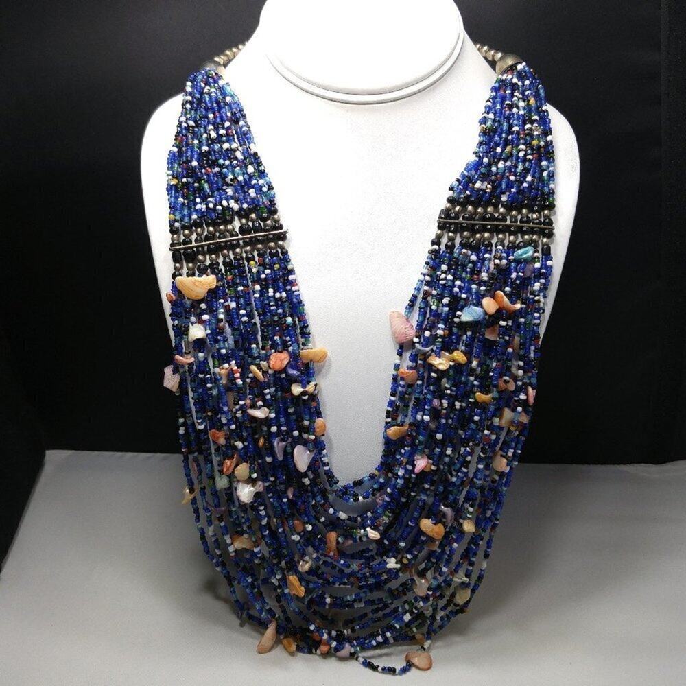 Vintage Bohemian Blue Seed Bead Shell Necklace 30 Strand Layered 23" Statement